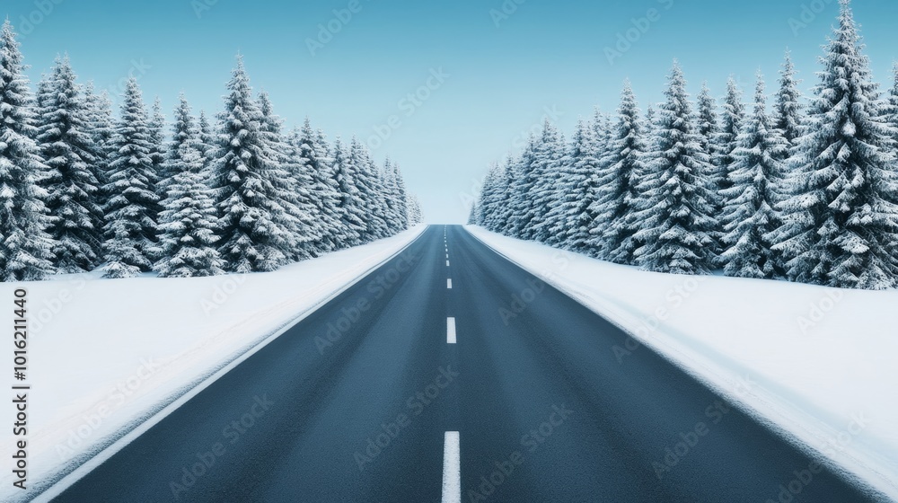 Snowy road winding through a pine forest with clear blue sky and space for text above the trees Snowy road winding through a pine forest with clear blue sky and space for text above the trees