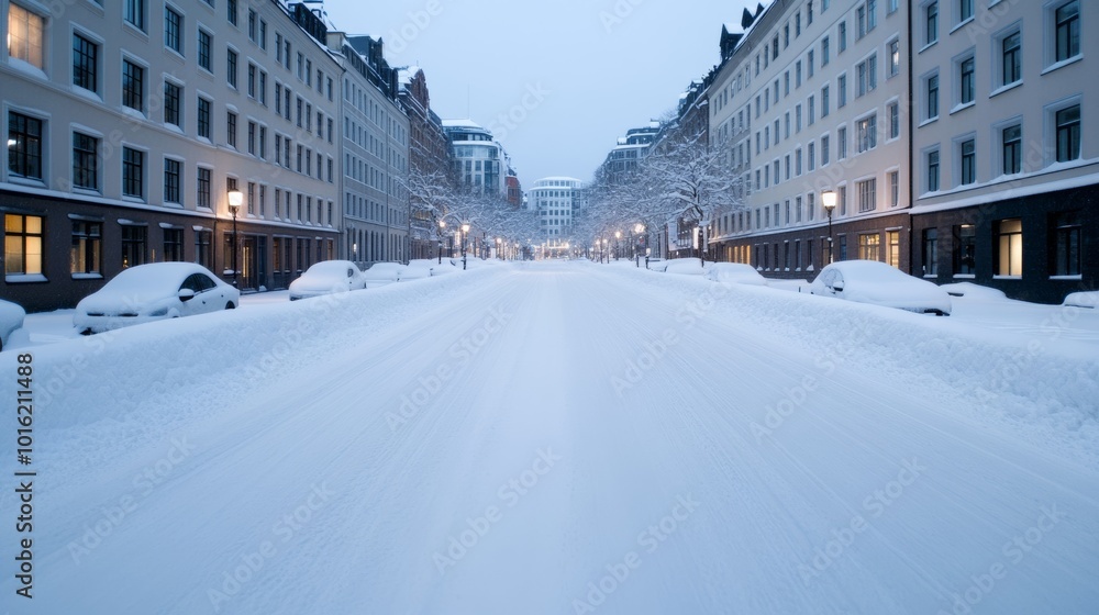 Snowy streets of a bustling urban center with tall buildings, glowing windows, and a soft layer of snow covering everything Snowy streets of a bustling urban center with tall buildings, glowing windows, and a soft layer of snow covering everything