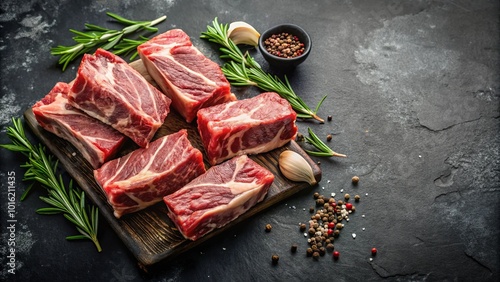 Fresh Raw Meat Cuts Ready for Seasoning on Rustic Chopping Board with Aromatic Herbs and Spices