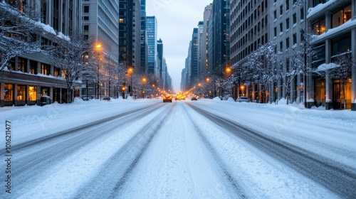 Snowy streets of a bustling urban center with tall buildings, glowing windows, and a soft layer of snow covering everything  photo