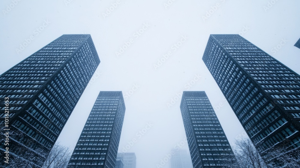 Snowy urban skyline with modern high-rise buildings and frosty streets as snow gently falls from a pale sky Snowy urban skyline with modern high-rise buildings and frosty streets as snow gently falls from a pale sky