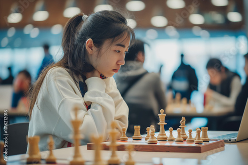 Chinese teenager woman is playing chess game. Intelligent teen thoughtful thinking about her next move for the board game staring at the chessboard.