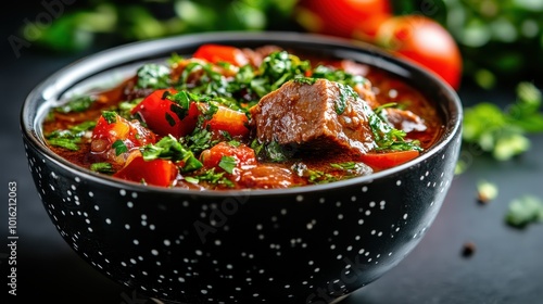 A black speckled bowl is full of vibrant stew, containing large chunks of beef and vegetables garnished generously with leafy herbs, depicting a flavorful meal.