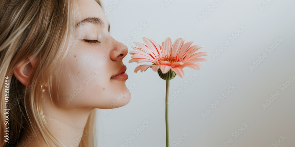 A woman is smelling a flower A woman is smelling a flower