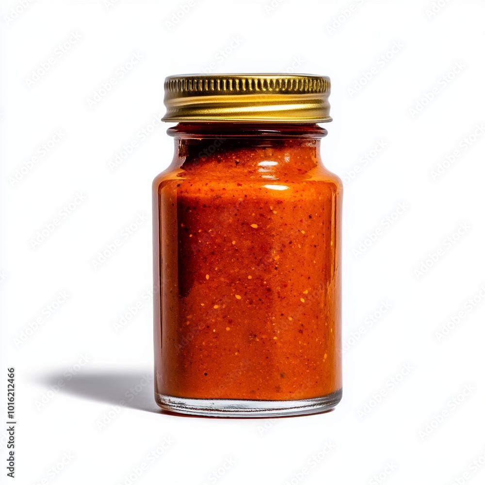 Spicy chipotle sauce in a clear jar with visible smoky red texture isolated on white background Spicy chipotle sauce in a clear jar with visible smoky red texture isolated on white background