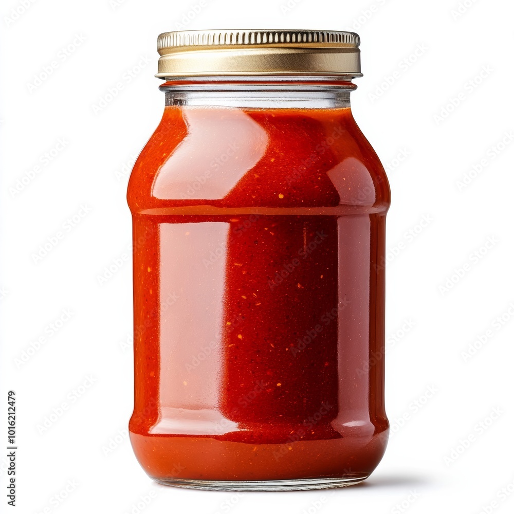 Spicy chipotle sauce in a clear jar with visible smoky red texture isolated on white background Spicy chipotle sauce in a clear jar with visible smoky red texture isolated on white background