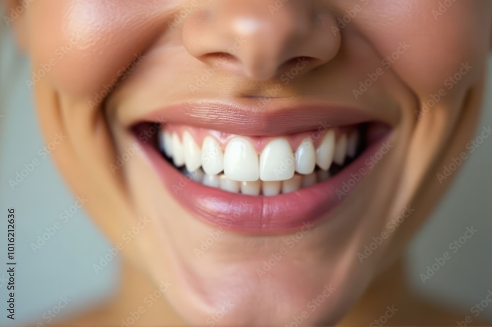 Close-up of a smiling woman's mouth with open lips and visible white healthy teeth. The concept of dental treatment and hygiene. Generative AI Close-up of a smiling woman's mouth with open lips and visible white healthy teeth. The concept of dental treatment and hygiene. Generative AI