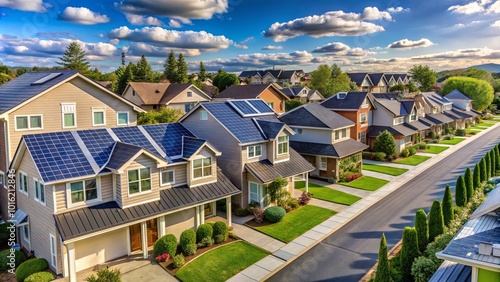 A sun-drenched suburban street lined with modern homes featuring solar panels on their roofs, showcasing a commitment to sustainable living and energy efficiency.