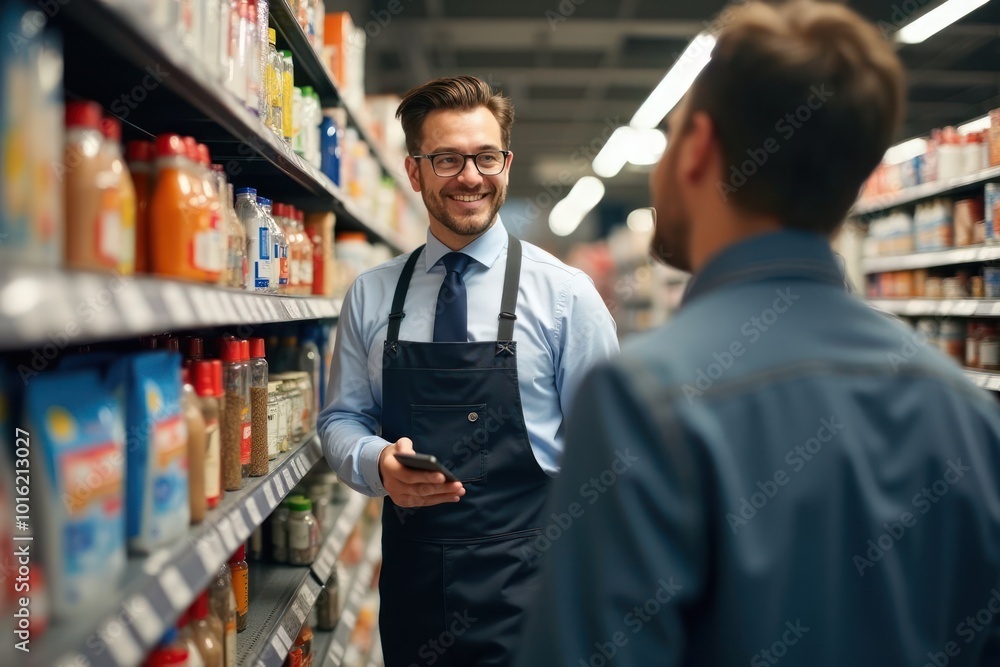 Young smiling man is a uniformed salesman helps the buyer in a supermarket next to shelves with goods Young smiling man is a uniformed salesman helps the buyer in a supermarket next to shelves with goods