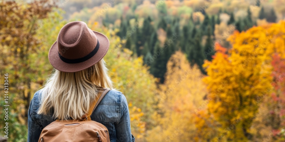 Adventurer among an Autumn Landscape. Back View of Young Woman Wearing Knitted Hat, Jacket, Backpack in Forest Woods Nature. Beauty and Adventure. Vibrant colorful fall scenery. Travel hike. Journey Adventurer among an Autumn Landscape. Back View of Young Woman Wearing Knitted Hat, Jacket, Backpack in Forest Woods Nature. Beauty and Adventure. Vibrant colorful fall scenery. Travel hike. Journey