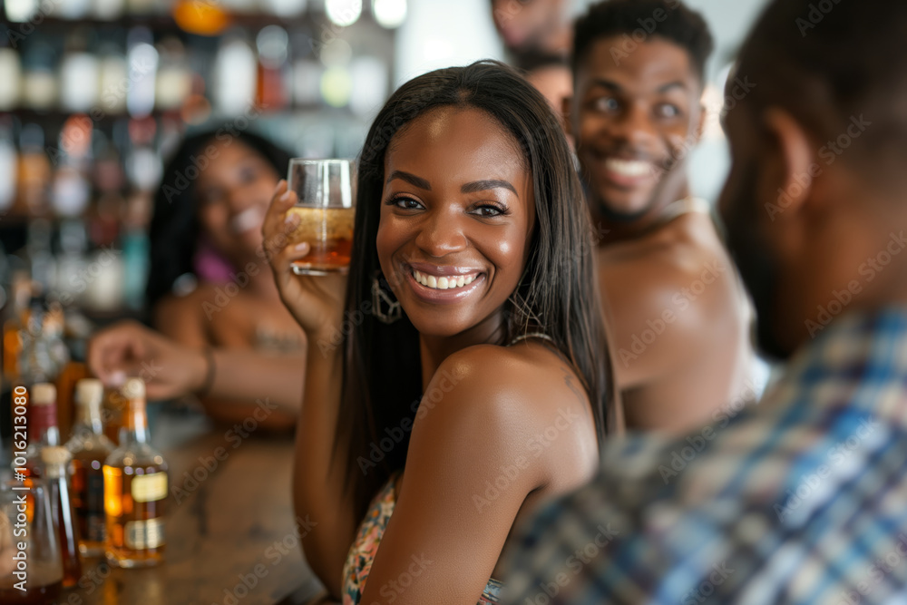 Black woman with friends laughing whit a drink in a bar. Group of colleagues, glad and joyful drinking together liquor in a pub or bar celebrating friendship, life and united fun Black woman with friends laughing whit a drink in a bar. Group of colleagues, glad and joyful drinking together liquor in a pub or bar celebrating friendship, life and united fun