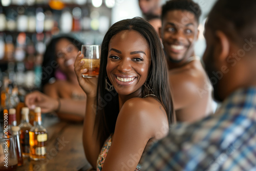 Black woman with friends laughing whit a drink in a bar. Group of colleagues, glad and joyful drinking together liquor in a pub or bar celebrating friendship, life and united fun