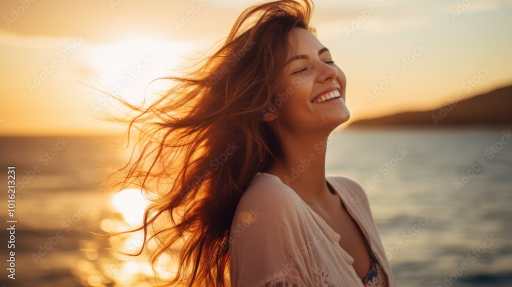 A carefree woman embraces the blissful sunset by the ocean, her hair flowing in the breeze, symbolizing freedom and happiness. A carefree woman embraces the blissful sunset by the ocean, her hair flowing in the breeze, symbolizing freedom and happiness.