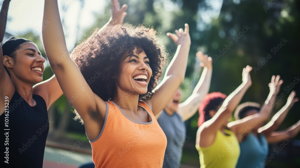 A vibrant instructor exudes energy as she leads an outdoor fitness class, motivating a diverse group of participants in the sunshine. A vibrant instructor exudes energy as she leads an outdoor fitness class, motivating a diverse group of participants in the sunshine.