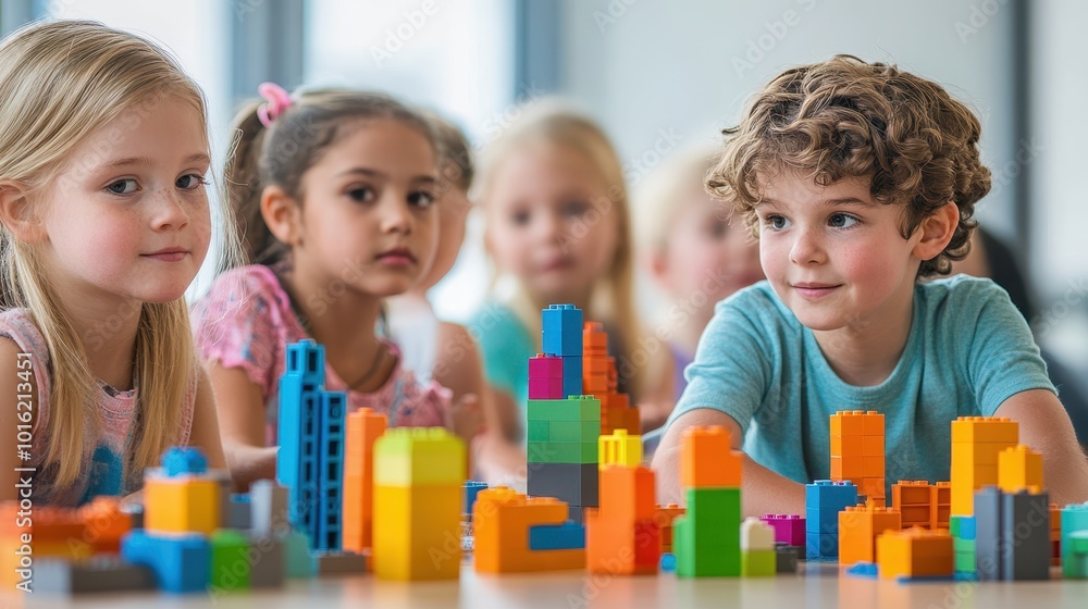 Fototapeta premium Kids create imaginative structures with colorful blocks in a vibrant classroom