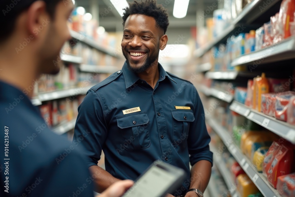 Young smiling man is a uniformed salesman in a supermarket next to shelves with goods Young smiling man is a uniformed salesman in a supermarket next to shelves with goods