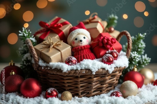 Christmas or New Year's gifts in boxes tied with ribbon in wicker basket on the festive background of Christmas tree and New Year's balls photo