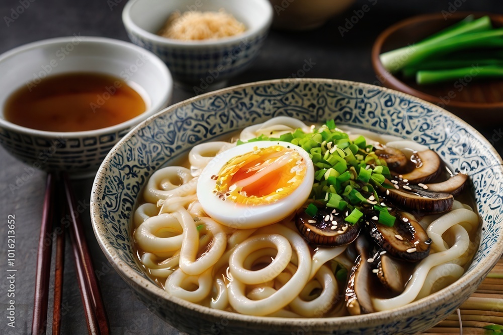 a bowl of udon noodles with an egg and mushroom a bowl of udon noodles with an egg and mushroom