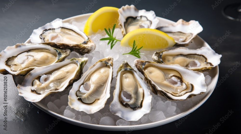 Fresh oysters rest on a bed of ice, elegantly garnished with lemon slices, evoking a luxurious dining experience.