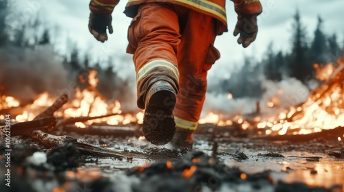 A lone firefighter strides purposefully through a smoky and fiery landscape, embodying bravery and resilience, with embers glowing underfoot in the aftermath. photo