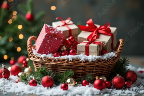 Christmas or New Year's gifts in boxes tied with ribbon in wicker basket on the festive background of Christmas tree and New Year's balls photo