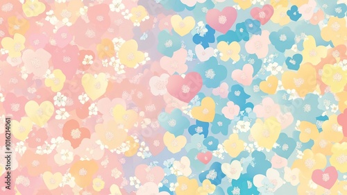 a background filled with small, delicate hearts and flowers in pastel tones like light pink, butter yellow, and sky blue.