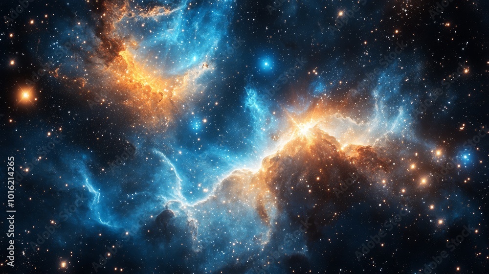 Fototapeta premium Swirling nebulae in the night sky with scattered stars and distant galaxies. .