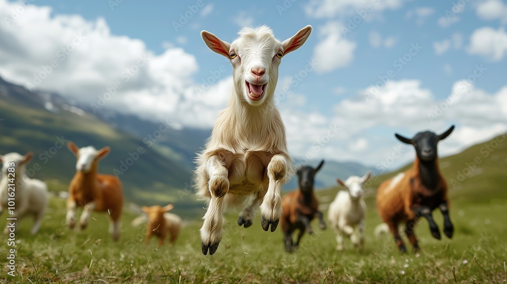 Fototapeta premium A herd of brown goats graze on a lush green meadow under a clear blue sky