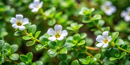 Green bacopa monnieri branch with leaves and flowers on natural background