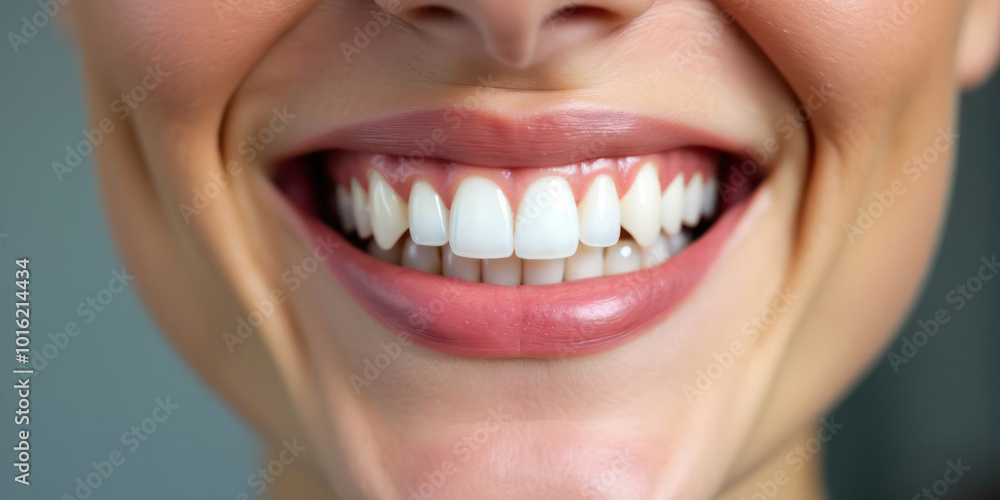 Fototapeta premium Close-up of a smiling woman's mouth with open lips and visible white healthy teeth. The concept of dental treatment and hygiene. Generative AI