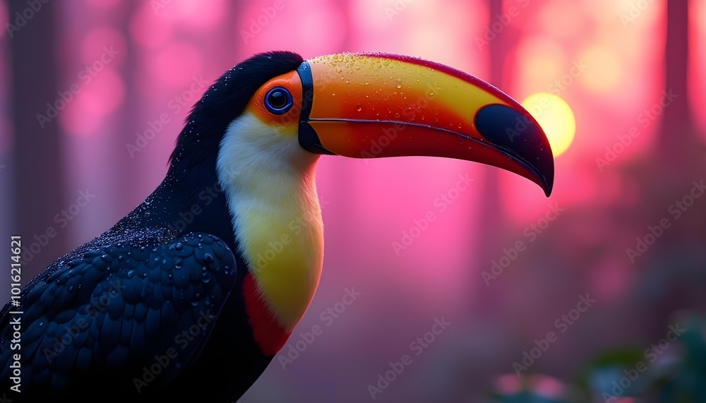 Naklejka premium Tropical Toucan with an Exotic Beak in the Wild Jungle Retro Wave Wildlife