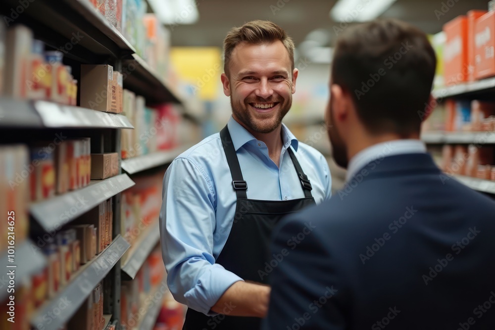 Young smiling man is a uniformed salesman helps the buyer in a supermarket next to shelves with goods Young smiling man is a uniformed salesman helps the buyer in a supermarket next to shelves with goods