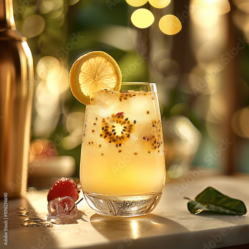 A glass of white rice wine, with passion fruit precipitated at the bottom, with transparent ice cubes and a bayberry and a green lemon slice on top. photo