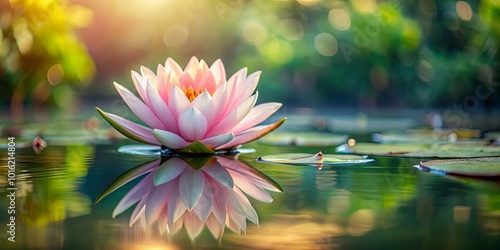 A Single Water Lily Reflects in Tranquil Pond Water, Bathed in the Warm Glow of the Setting Sun