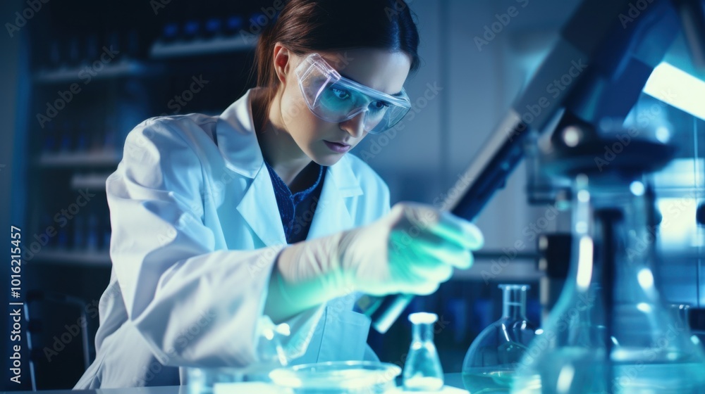 Focused scientist in goggles and lab coat conducts a chemical experiment under blue lab lights, embracing innovation and discovery. Focused scientist in goggles and lab coat conducts a chemical experiment under blue lab lights, embracing innovation and discovery.