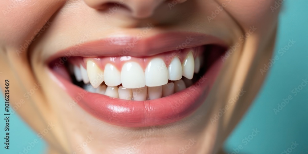 Close-up of a smiling woman's mouth with open lips and visible white healthy teeth. The concept of dental treatment and hygiene. Generative AI Close-up of a smiling woman's mouth with open lips and visible white healthy teeth. The concept of dental treatment and hygiene. Generative AI