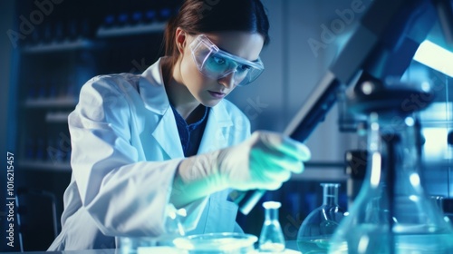 Focused scientist in goggles and lab coat conducts a chemical experiment under blue lab lights, embracing innovation and discovery.