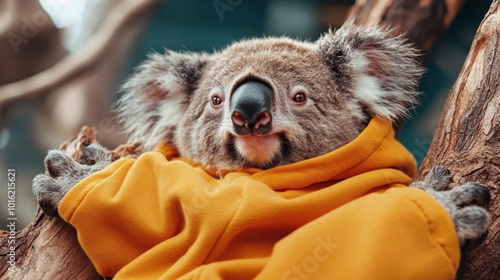 A cozy koala in a yellow hoodie rests against a tree branch, highlighting its serene face as it basks in comfort amidst a tranquil, natural setting. photo