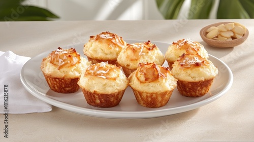 Coconut and almond muffins are beautifully stacked beside a glass of milk, showcasing their golden brown hue, perfect for a delicious breakfast or snack