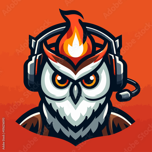 A fierce owl mascot wearing a headset, featuring flames on its head, symbolizing gaming and competition against a vibrant orange background.