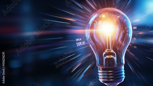 Bright light bulb illuminating the word 'IDEAL' with colorful rays in an artistic representation of ideas