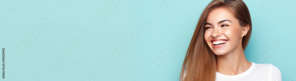 A joyful young woman with flowing blonde hair smiles confidently against a minimalistic aqua background, embodying elegance and freedom. A joyful young woman with flowing blonde hair smiles confidently against a minimalistic aqua background, embodying elegance and freedom.