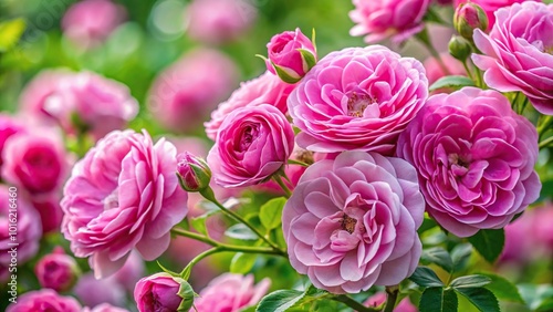 Macro close up of pink flower on blooming rose bush