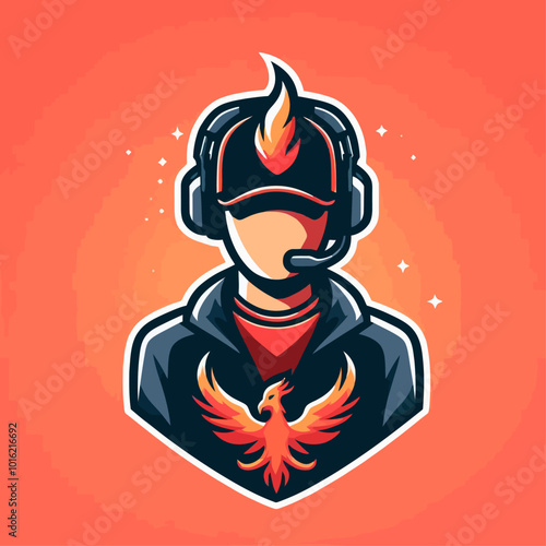 A stylized avatar of a gamer wearing a headset and cap, featuring a fiery phoenix design, set against a vibrant orange background.