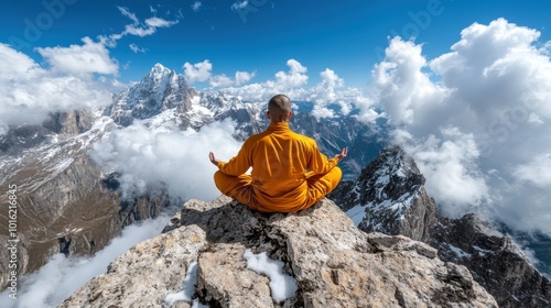 An orange-robed monk meditates on the edge of a mountainous cliff, embracing the sky, symbolizing peace and inner balance amidst the vast natural world. photo