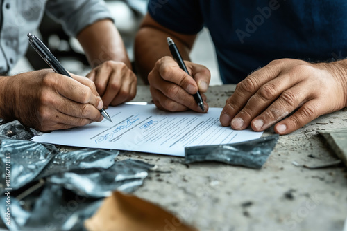 Two hands signing a document with pens on a cluttered table. The focus is on the signing process, emphasizing the act of agreement or contract finalization. photo