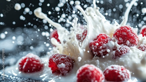 A vibrant splash of milk surrounds fresh red raspberries, capturing the dynamic motion and freshness in a visually captivating and energetic manner.