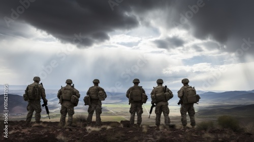 Six soldiers in combat gear stand resolutely on rugged terrain, silhouetted against a dramatic sky with storm clouds overhead.