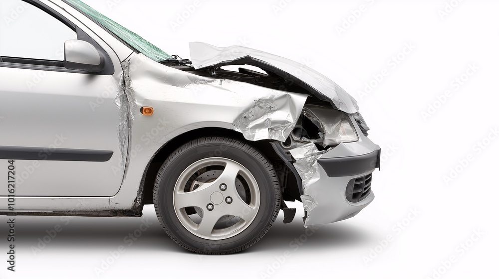 Damaged Silver Car with Crushed Front Hood Damaged Silver Car with Crushed Front Hood