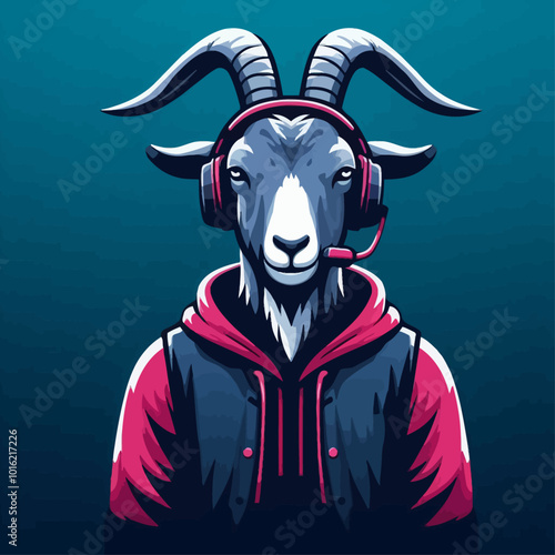 A stylized goat character wearing headphones and a hoodie, representing a blend of gaming culture and animal imagery, set against a gradient blue background.